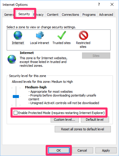 Internet Options dialog box, Enable Protected Mode box option unchecked