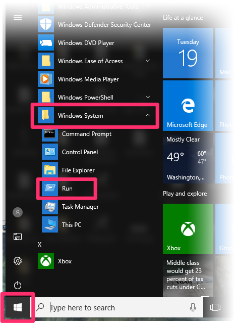 Start menu, Run option