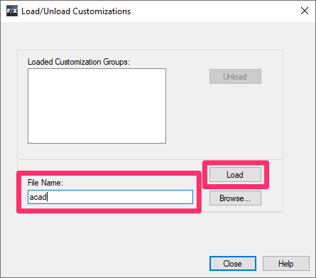 Load/Unload Customizations dialog box, typing ACAD in the File Name text field and clicking Load