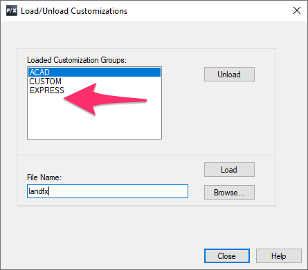 Load/Unload Customizations dialog box, LANDFX entry not included in Loaded Customization Groups