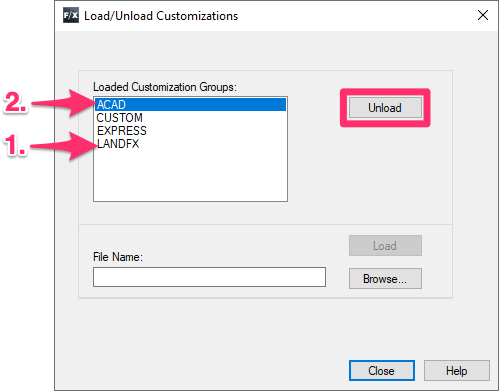 Load/Unload Customizations dialog box, ACAD and LANDFX entries included in the Loaded Customization Groups list
