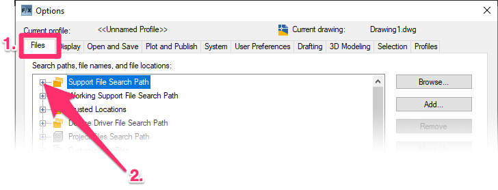 Options dialog box, Files tab, expanding the Support File Search Path