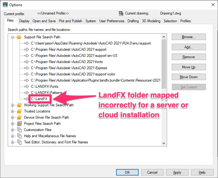 LandFX folder mapped incorrectly in Support File Search Path