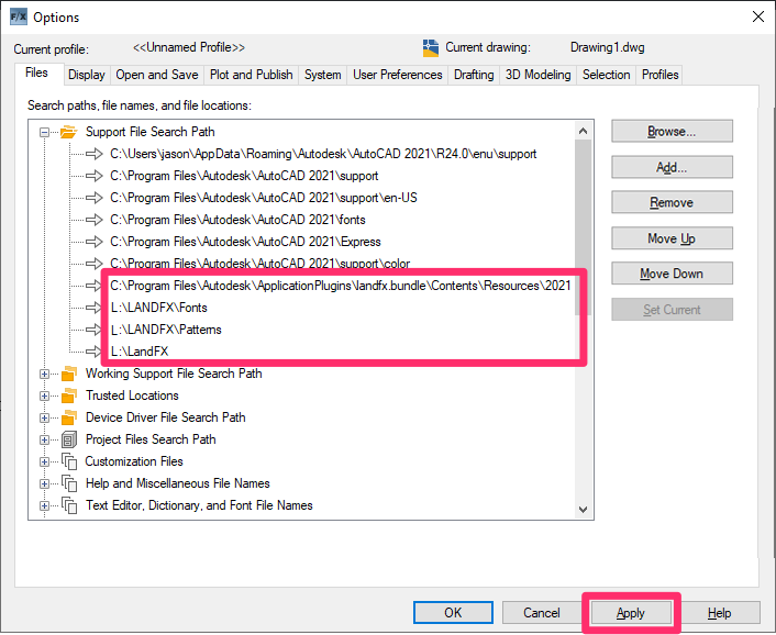 References to LandFX folder in Support File Search Path