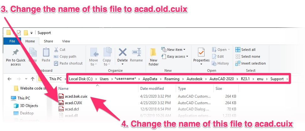 renaming the files acad.CUIX and acad.bak.cuix