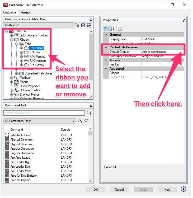 Selecting a Land F/X ribbon to remove in the Customize User Interface dialog box