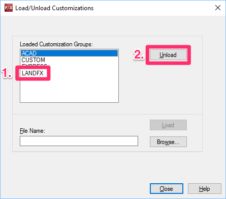 Load/Unload Customizations dialog box, unloading the LANDFX menus