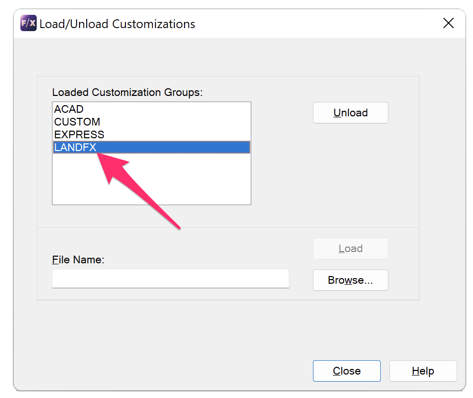 LANDFX menus listed in Loaded Customization Groups list in the Load/Unload Customizations dialog box