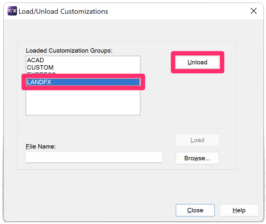 Unloading the Land F/X menus in the Load/Unload Customizations dialog box