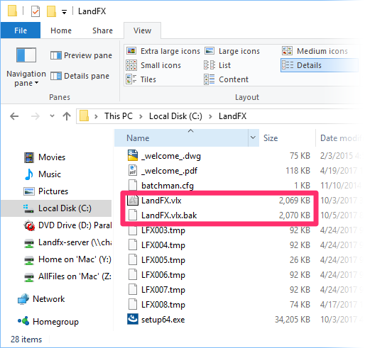 LandFX folder containing an intact LandFX.vlx file