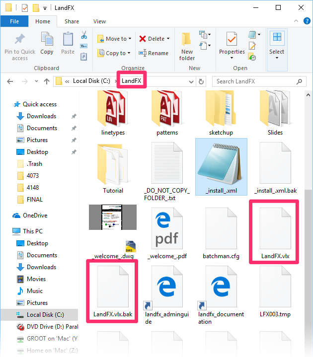LandFX folder containing the files LandFX.vlx and LandFX.vlx.bak