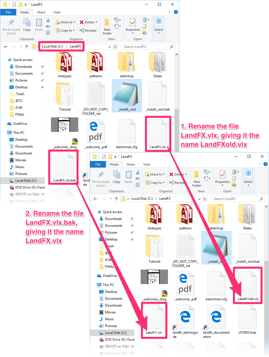 Renaming the LandFX.vlx and LAndFX.vlx.bak files
