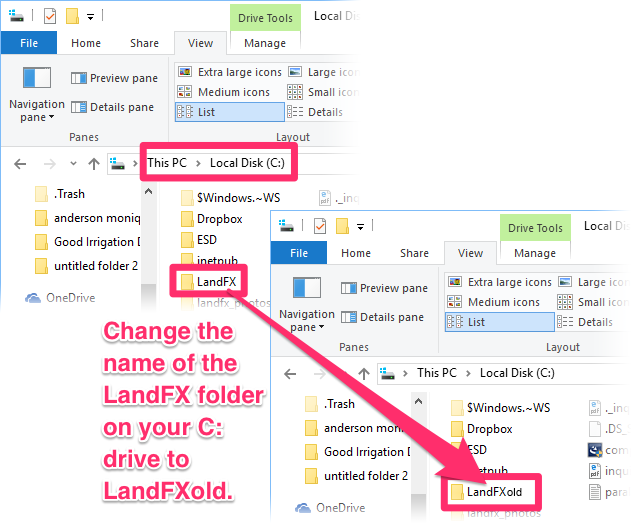 Renaming the LandFX folder on the C: drive to LandFXold