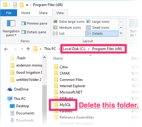 Deleting the subfolder MySQL from the folder path C:/Program Files (x86)