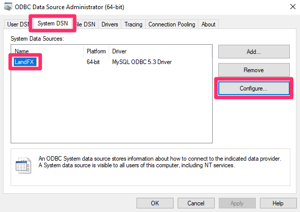 ODBC Data Source Administrator, System DSN tab, LandFX folder