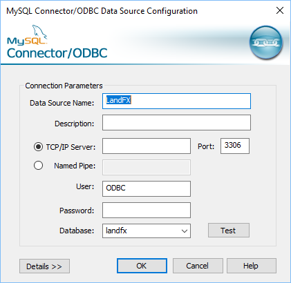 MySQL Connector / ODBC Data Source Configuration dialog box