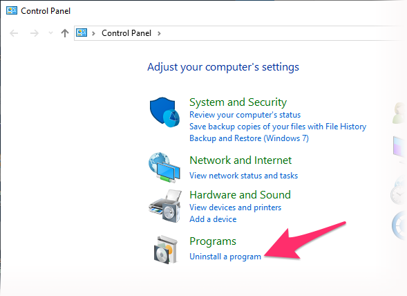 Control Panel, Uninstall a Program option