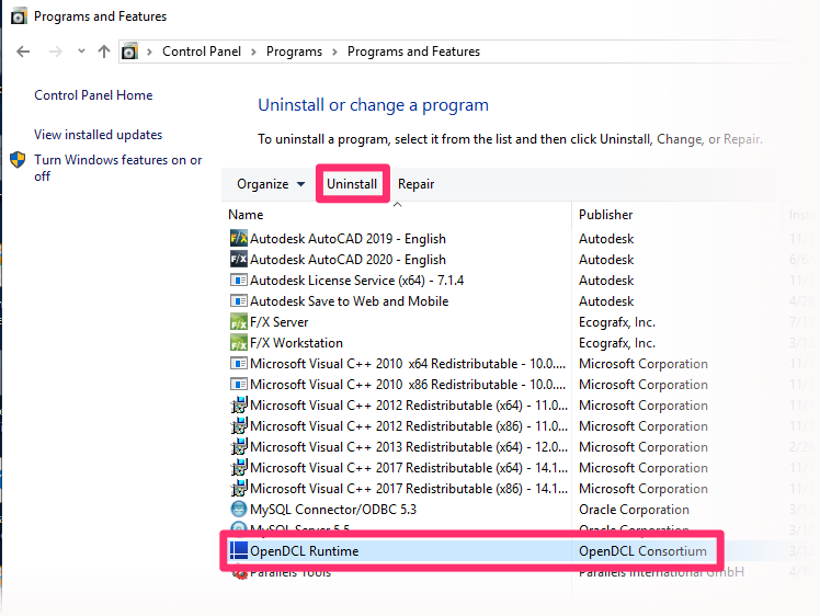 Programs and Features dialog box, OpenDCL Runtime option, Uninstall button