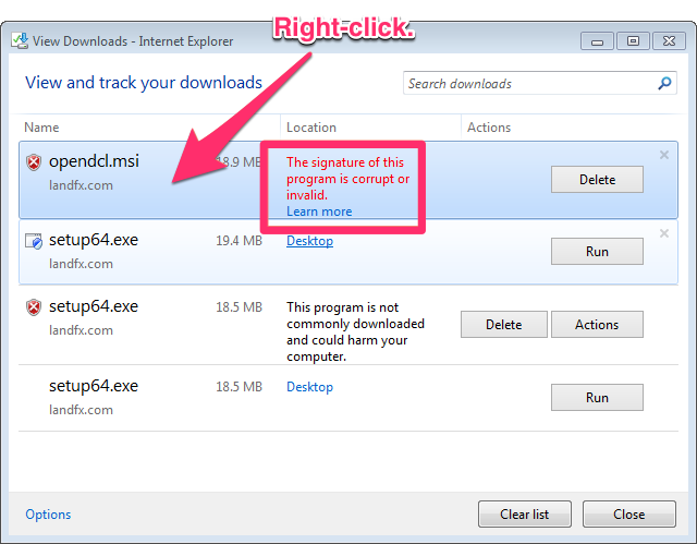 View Downloads - Internet Explorer dialog box, The signature of this program is corrupt or invalid message