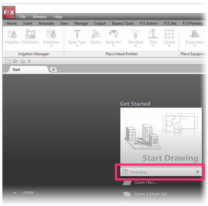 Templates menu in the AutoCAD Get Started screen.