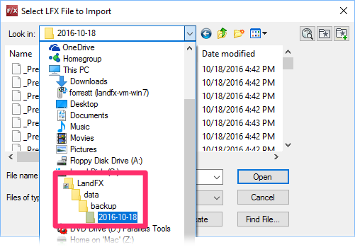  Select LFX File to Import dialog box with folder LandFX/data/backup displayed