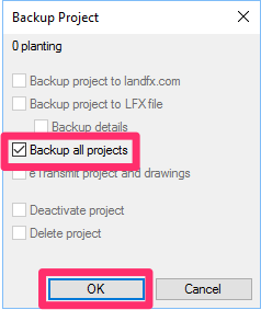 Backup Project dialog box, Backup all projects option selected