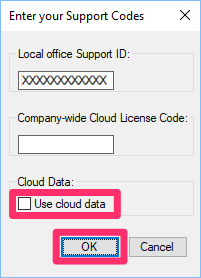 Enter your Support Codes dialog box, Use cloud data option unchecked
