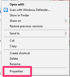 Properties menu option