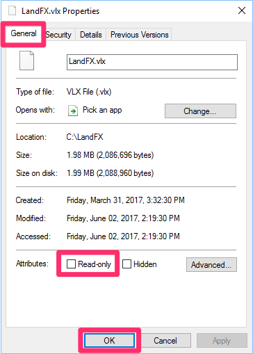 Properties dialog box, General tab, Read-Only option unchecked
