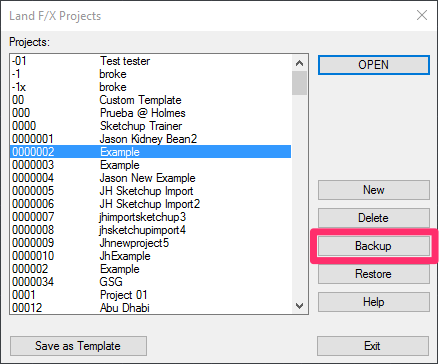 Land F/X Projects diaslog box, Backup button