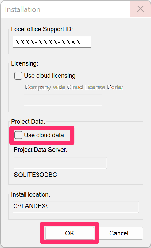 Installation dialog box, Use cloud data button