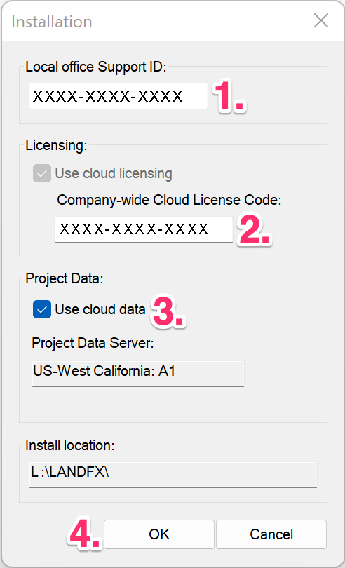 Installation dialog box, Company-wide Cloud License Code field