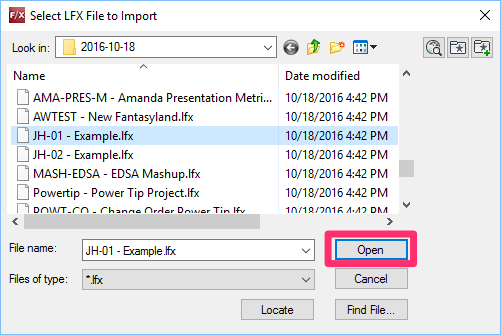 Select LFX File to Import dialog box, Open button