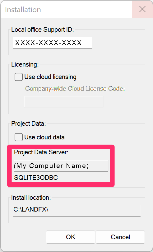 General Preferences, Install Info button, Install and Server Info dialog box showing Project Data Server name