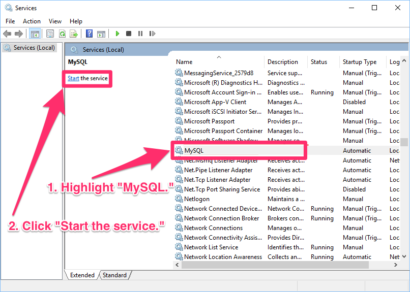 Starting the MySQL service