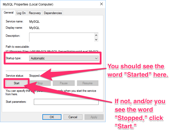 Verfiying that the MySQL service is started in the MySQL Properties dialog box