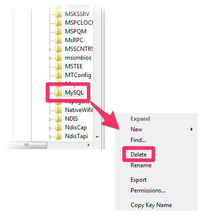 Deleting the MySQL key from the Services folder in the Registry Editor