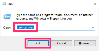 Typing services.msc in the Run dialog box