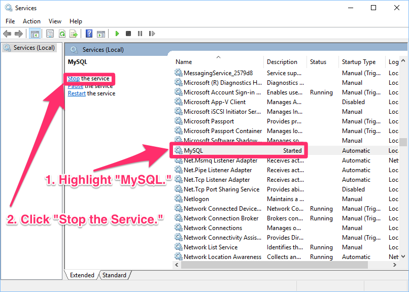 Selecting MySQL in the Services screen and clicking Stop the service