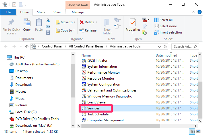 Administrative Tools dialog box, Services option