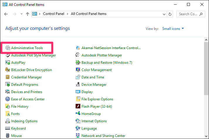 Control Panel, Administrative Tools option