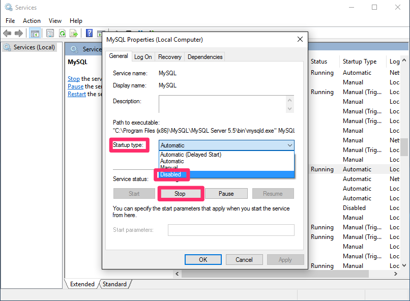 MySQL Properties dialog box, Startup Type menu, Disabled option, Stop button