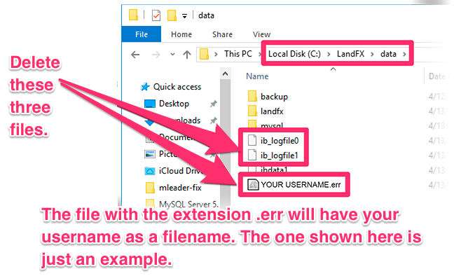 Deleting the log files and username file from the folder LandFX/data folder