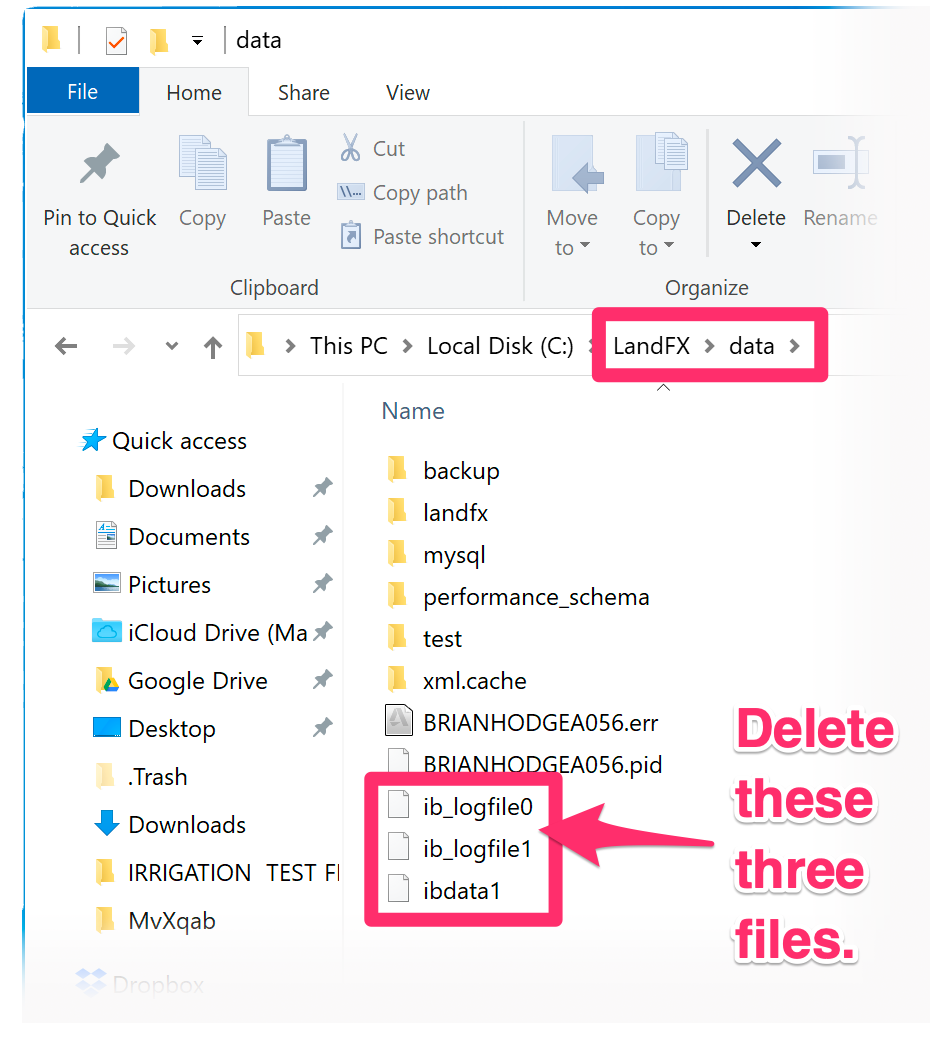 Deleting the files ibdata1, ib_logfile0, and iblogfile1 from the LandFX/data folder