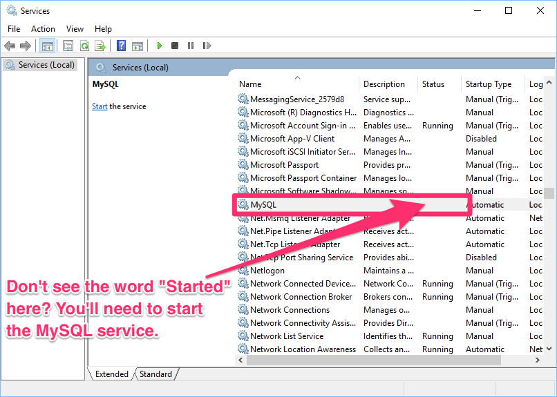 Services screen, MySQL entry not listed as Started