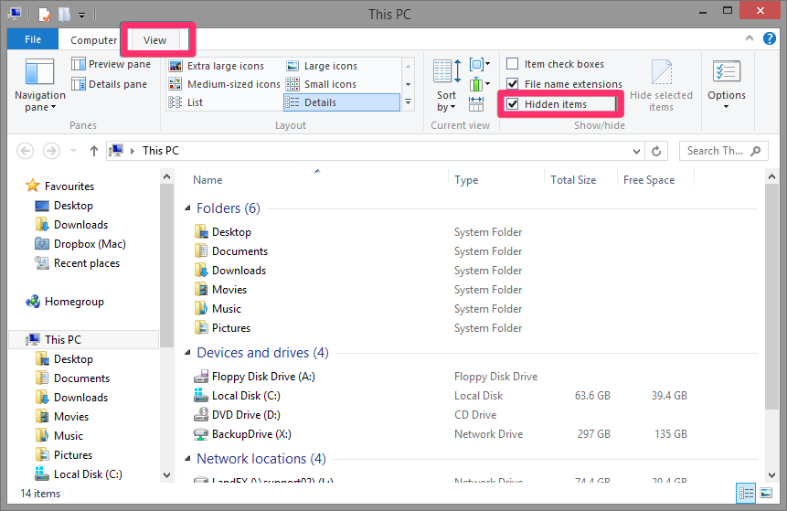 File Explorer in Windows 10, View tab, Hidden Items option