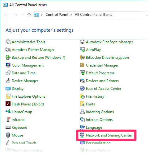 Control Panel, Network and Sharing Center option