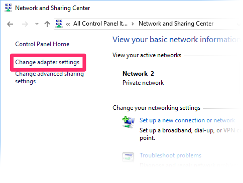 Network and Sharing Center, Change adapter settings option