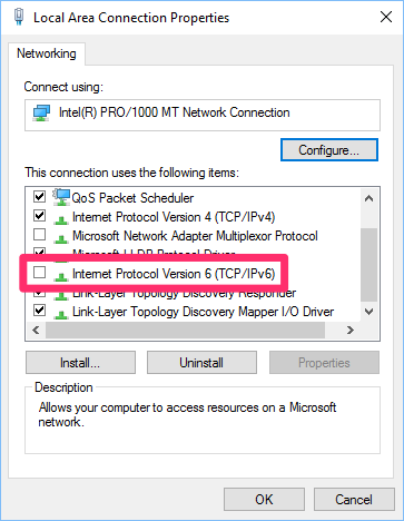 Local Area Connection Properties dialog box, Internet Protocol Version 6 (TCP/IPv6) option unchecked