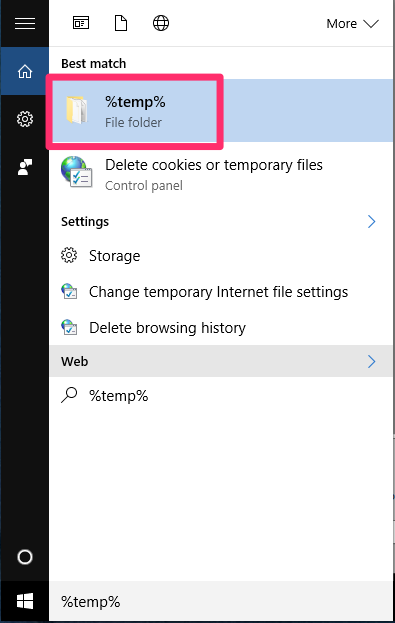 Windows Start menu, %temp% option